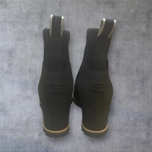 Ugg Reggie Black Waterproof Leather Wedge Boots Womens 10 Wool Lined Seam Sealed