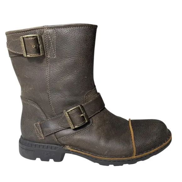 UGG Rockville Leather Biker Moto Boots Distressed Brown Sheepskin 3043 Mens 10