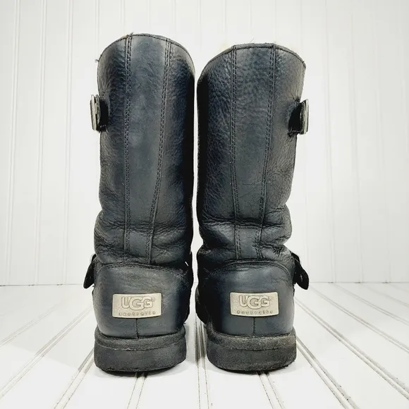 UGG Shearling Black Leather Mid Calf Silver Buckles Detail Winter Boots I795