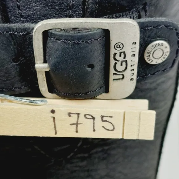UGG Shearling Black Leather Mid Calf Silver Buckles Detail Winter Boots I795