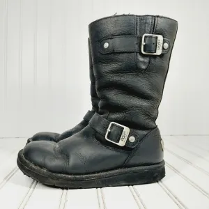 UGG Shearling Black Leather Mid Calf Silver Buckles Detail Winter Boots I795