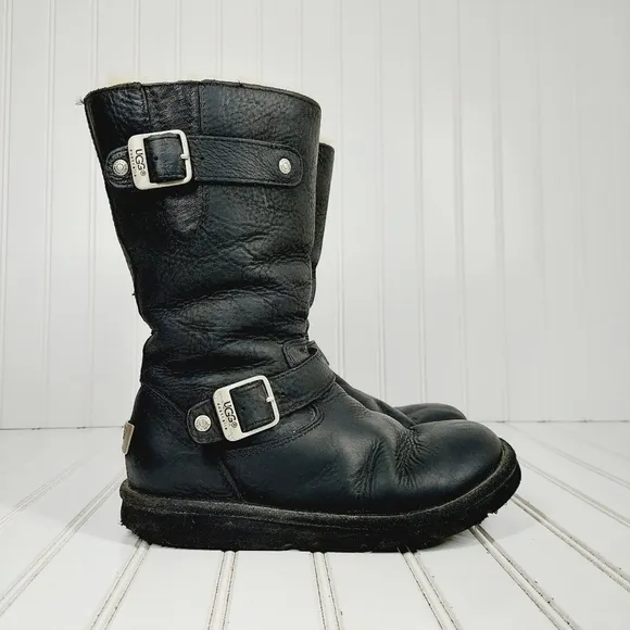 UGG Shearling Black Leather Mid Calf Silver Buckles Detail Winter Boots I795