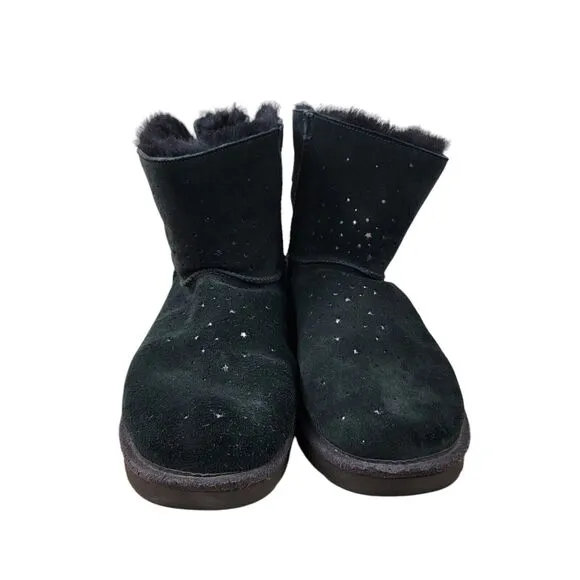 UGG STARGIRL Bow Mini Fluff Suede Sheepskin Boots Womens Size 9 Black Star