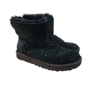 UGG STARGIRL Bow Mini Fluff Suede Sheepskin Boots Womens Size 9 Black Star