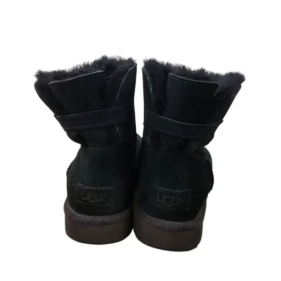 UGG STARGIRL Bow Mini Fluff Suede Sheepskin Boots Womens Size 9 Black Star