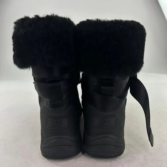 UGG Tahoe Women's Black Leather Sheepskin Snow Boots US 8 Front Zip Belted Boot