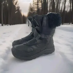 UGG Tahoe Women's Black Leather Sheepskin Snow Boots US 8 Front Zip Belted Boot