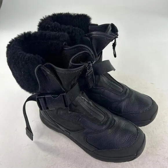 UGG Tahoe Women's Black Leather Sheepskin Snow Boots US 8 Front Zip Belted Boot