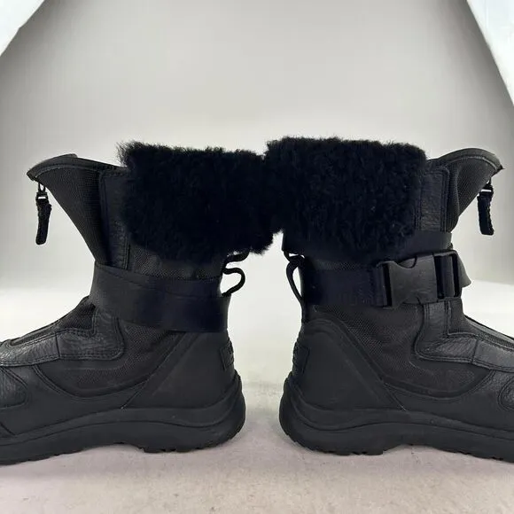 UGG Tahoe Women's Black Leather Sheepskin Snow Boots US 8 Front Zip Belted Boot