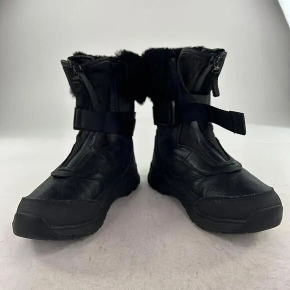 UGG Tahoe Women's Black Leather Sheepskin Snow Boots US 8 Front Zip Belted Boot