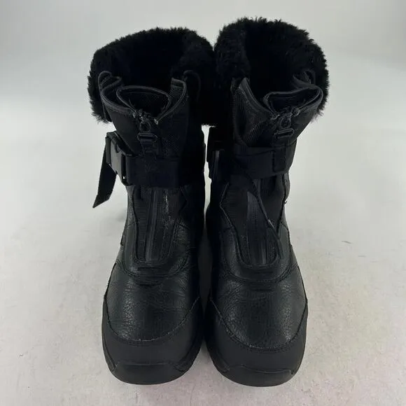 UGG Tahoe Women's Black Leather Sheepskin Snow Boots US 8 Front Zip Belted Boot