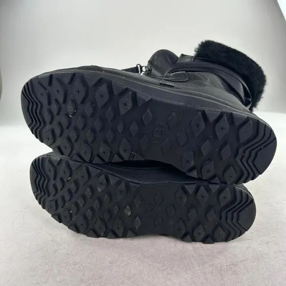 UGG Tahoe Women's Black Leather Sheepskin Snow Boots US 8 Front Zip Belted Boot