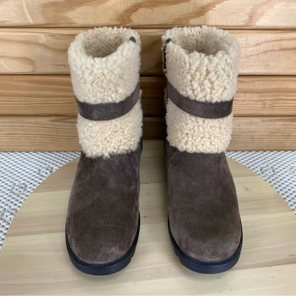 Ugg Winter Chestnut Suede Leather Elings Boot Shearling 7 US Side Zip Waterproof