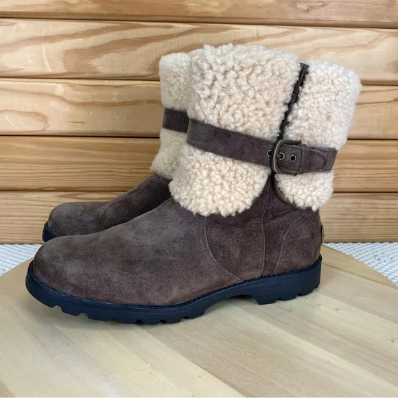 Ugg Winter Chestnut Suede Leather Elings Boot Shearling 7 US Side Zip Waterproof