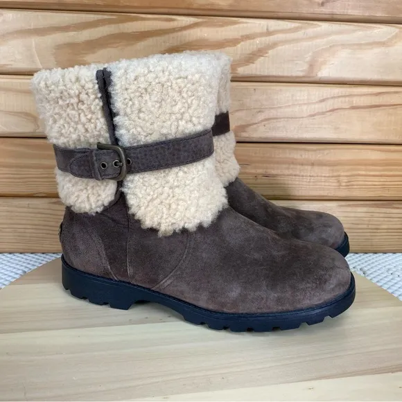 Ugg Winter Chestnut Suede Leather Elings Boot Shearling 7 US Side Zip Waterproof