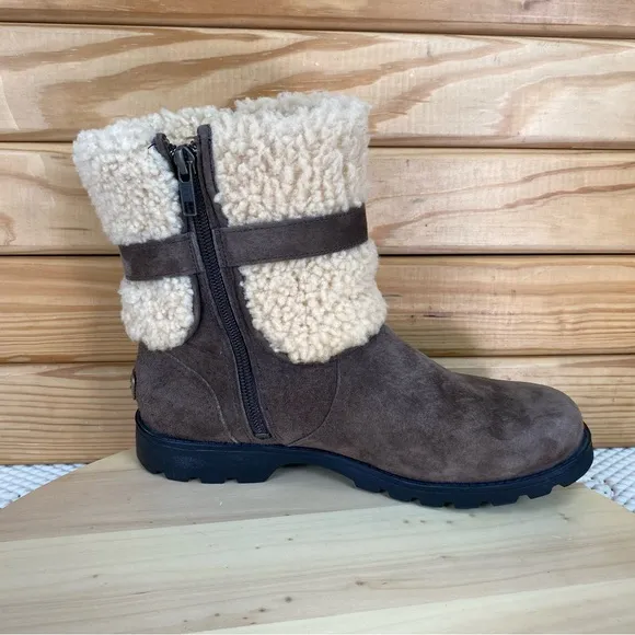 Ugg Winter Chestnut Suede Leather Elings Boot Shearling 7 US Side Zip Waterproof