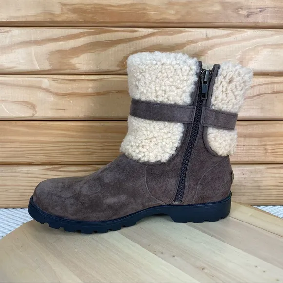 Ugg Winter Chestnut Suede Leather Elings Boot Shearling 7 US Side Zip Waterproof