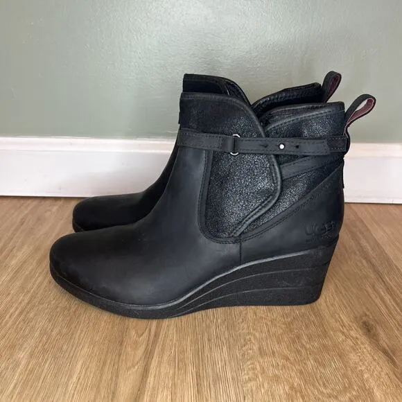 Ugg Womens 10 Emalie Ankle Boots Waterproof Leather Wedge Black Zipper Buckle