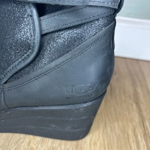 Ugg Womens 10 Emalie Ankle Boots Waterproof Leather Wedge Black Zipper Buckle