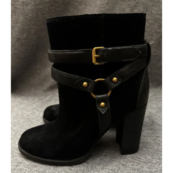 UGG Women's Dandridge Black Suede High Heel Harness Wrap Boots Size 5.5