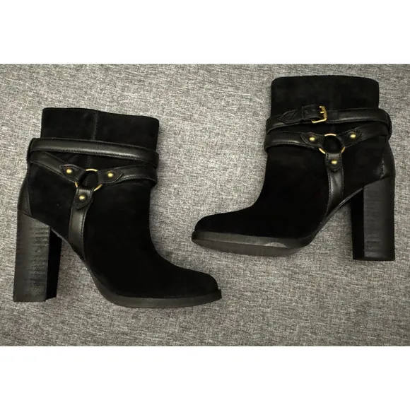 UGG Women's Dandridge Black Suede High Heel Harness Wrap Boots Size 5.5