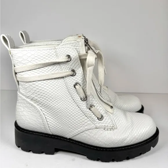 UGG Women’s Daren White and Black Combat Moto Boots with Textured Upper Size 10