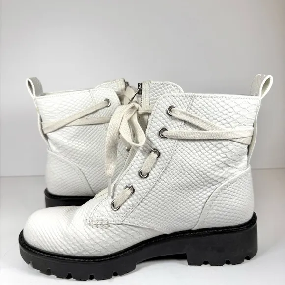 UGG Women’s Daren White and Black Combat Moto Boots with Textured Upper Size 10