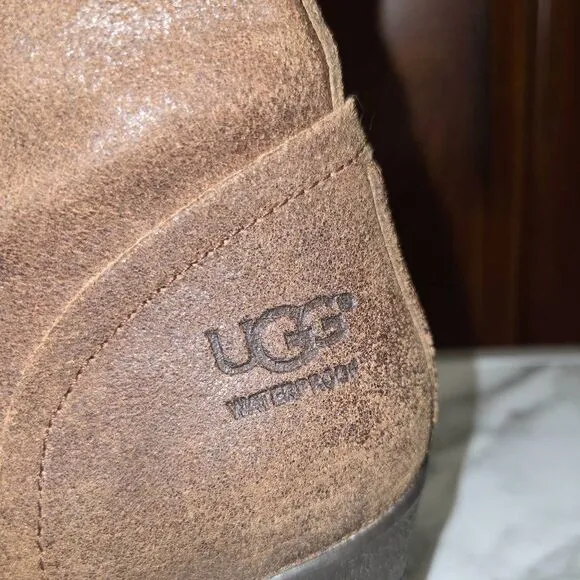 UGG Zea Waterproof Brown Leather Shearling Wedge Heel Lace-Up Womens Boots. Size