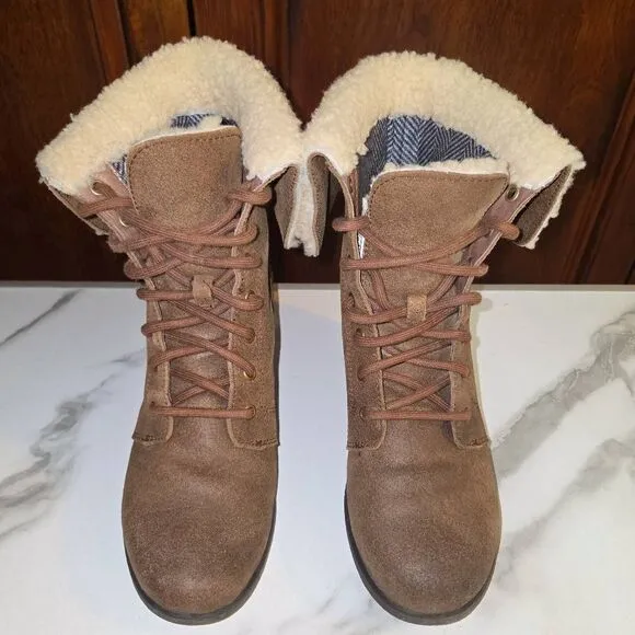 UGG Zea Waterproof Brown Leather Shearling Wedge Heel Lace-Up Womens Boots. Size