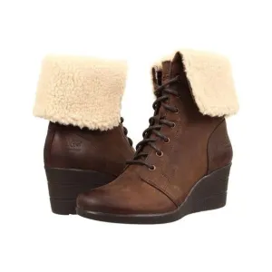 UGG Zea Waterproof Brown Leather Shearling Wedge Heel Lace-Up Womens Boots. Size