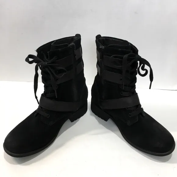 UGG Zia black suede leather chunky heel combat winter snow ankle boots