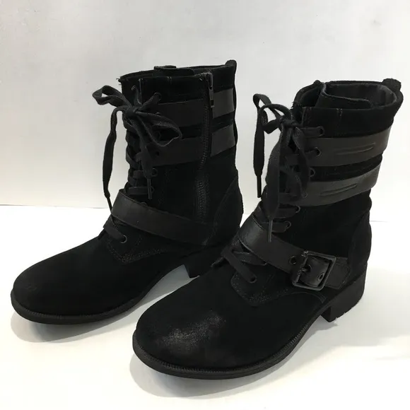 UGG Zia black suede leather chunky heel combat winter snow ankle boots