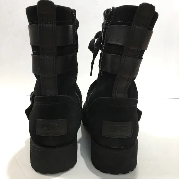 UGG Zia black suede leather chunky heel combat winter snow ankle boots