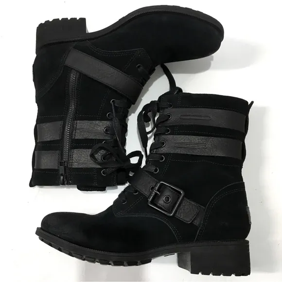 UGG Zia black suede leather chunky heel combat winter snow ankle boots