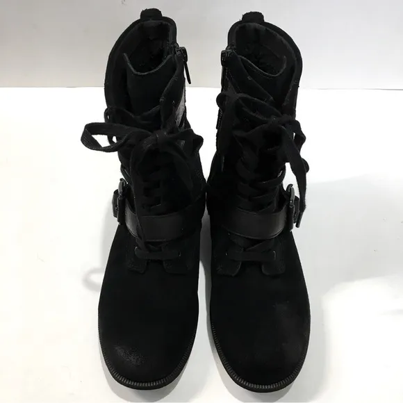 UGG Zia black suede leather chunky heel combat winter snow ankle boots