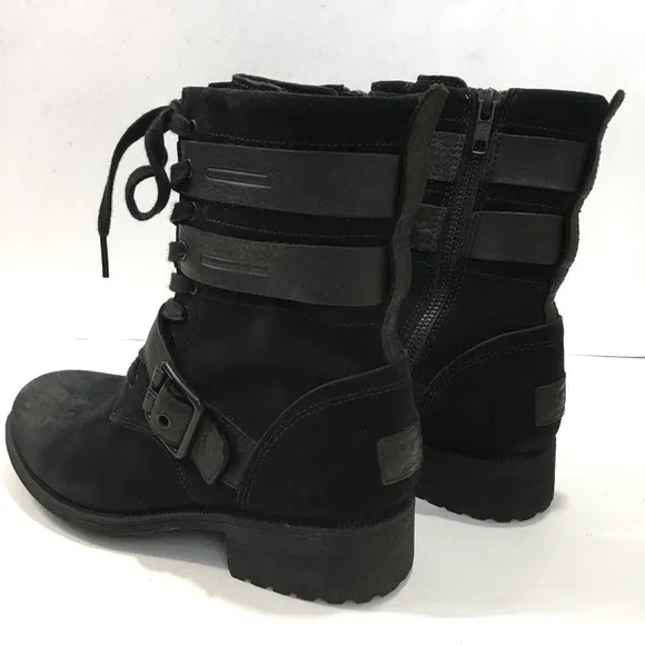 UGG Zia black suede leather chunky heel combat winter snow ankle boots