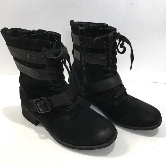 UGG Zia black suede leather chunky heel combat winter snow ankle boots
