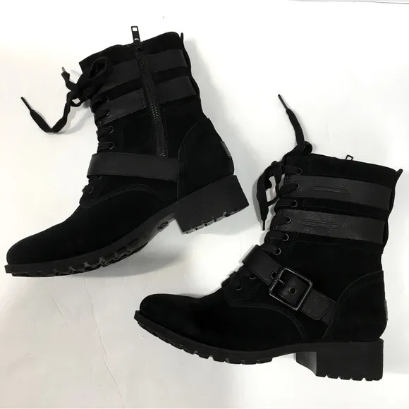 UGG Zia black suede leather chunky heel combat winter snow ankle boots