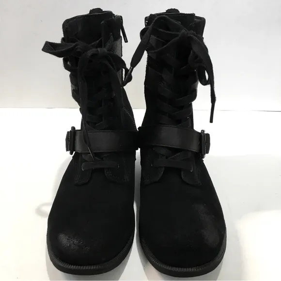 UGG Zia black suede leather chunky heel combat winter snow ankle boots