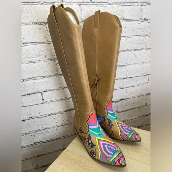 Universal Thread Southwestern Boho Leather Floral Cowboy Western Boots size 8.5