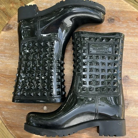Valentino Garavani Black Rockstud  Rain Boots. Size 36