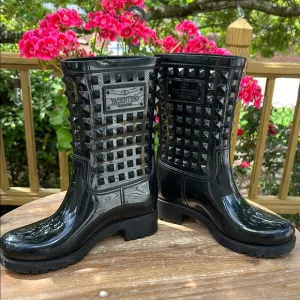 Valentino Garavani Black Rockstud  Rain Boots. Size 36