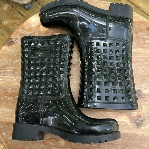 Valentino Garavani Black Rockstud  Rain Boots. Size 36