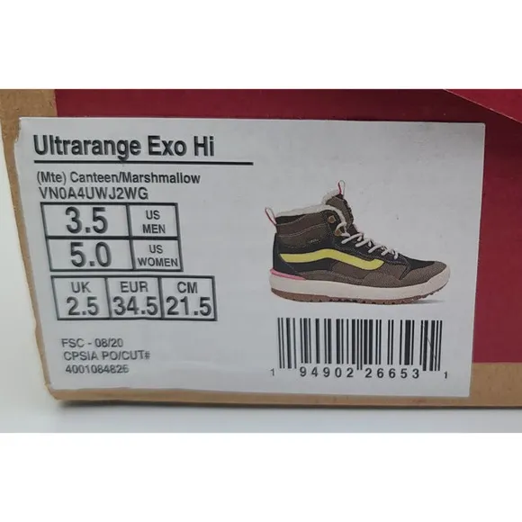 VANS Ultrarange Exo Hi Water Repellent Shoe Sherpa Lined Boots Girls 3.5