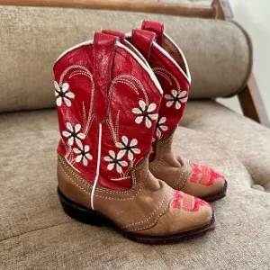 Veretta Snip Toe Red Floral Leather Cowgirl Boots sz: 10 toddler