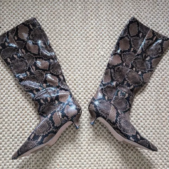 VERONICA BEARD Freda Espresso Snake Embossed Leather Pointed Toe Kitten Boots 6