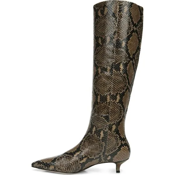 VERONICA BEARD Freda Espresso Snake Embossed Leather Pointed Toe Kitten Boots 6