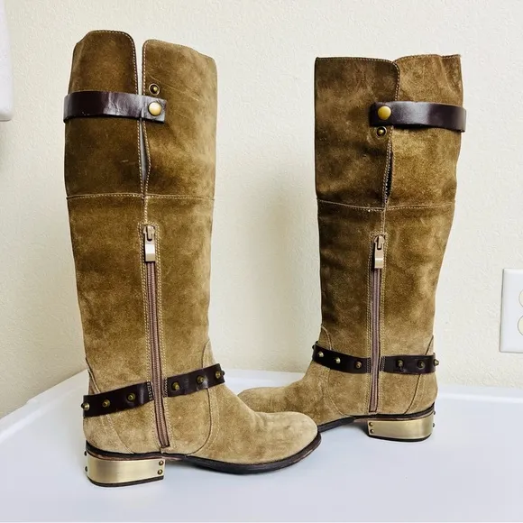Very Volatile Suede Emperor Brown Gold Plated Knee High Zip Riding Boots