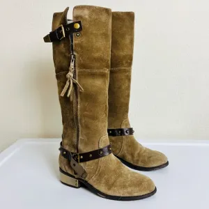 Very Volatile Suede Emperor Brown Gold Plated Knee High Zip Riding Boots