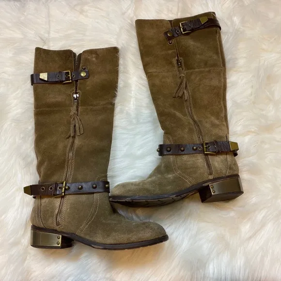 Very Volatile Suede Emperor Brown Gold Plated Knee High Zip Riding Boots